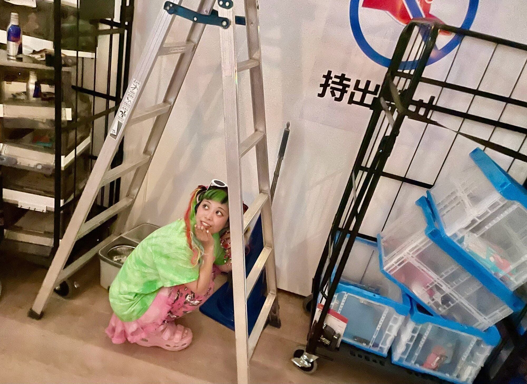 搬入口エリアの脚立の陰に身を隠す